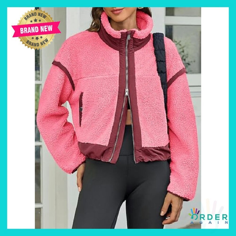 Cropped Zip Up Fleece Jacket Stand Collar Sherpa Teddy Outerwear Chic Winter - Picture 3 of 6